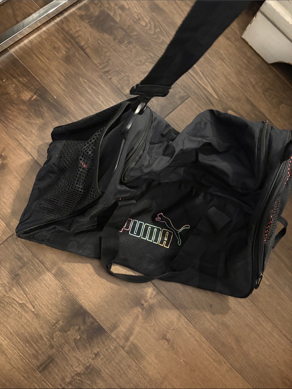Puma Black Duffel Bag with Multicolor Logo and Shoulder Strap
